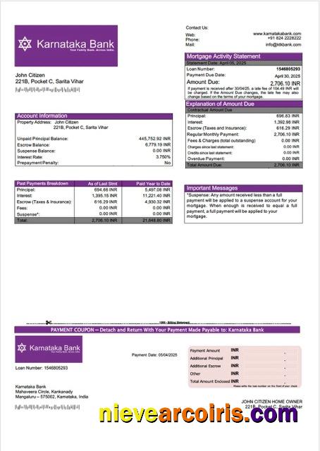 India Karnataka Bank mortgage statement Word and PDF template
